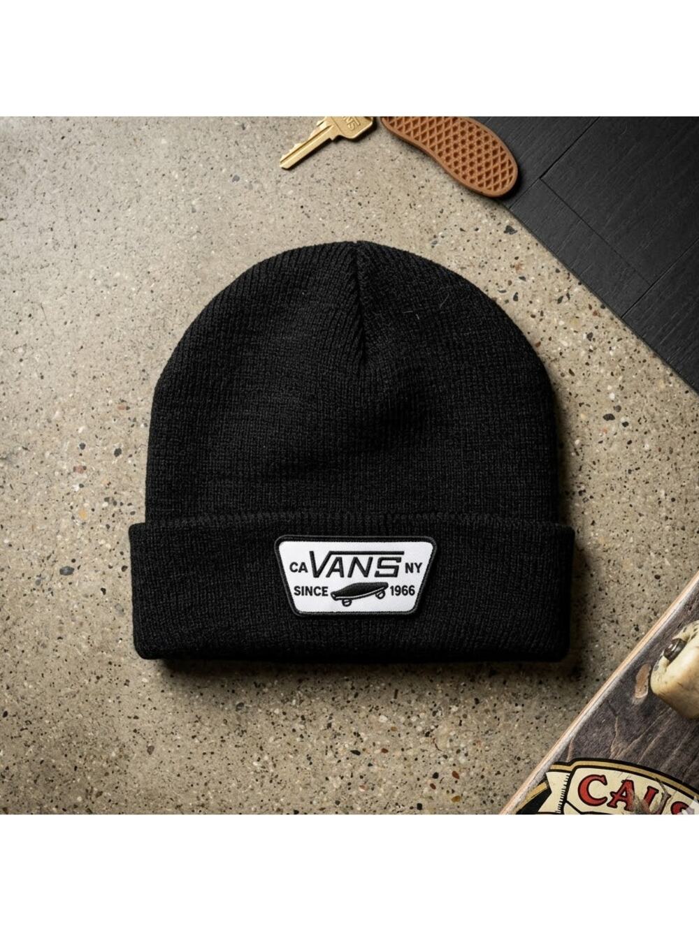 Vans Off The Wall Black Cuffed Beanie Hat Skater Patch Logo Unisex One Size